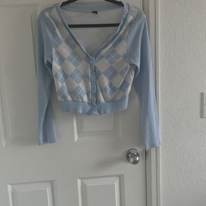 Blue and white checkered bottom up cardigan